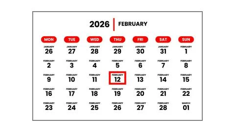 The date February 12th, 2026 Stock Illustration