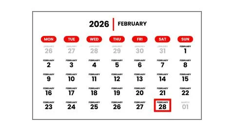 The date February 28th, 2026 Stock Illustration