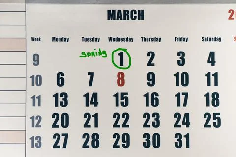 Date the first of March in the calendar.The first day of spring.The beginni.. Stock-Fotos