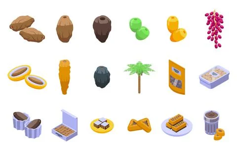 Date fruit icons set isometric vector. Food leaf Stock Illustration