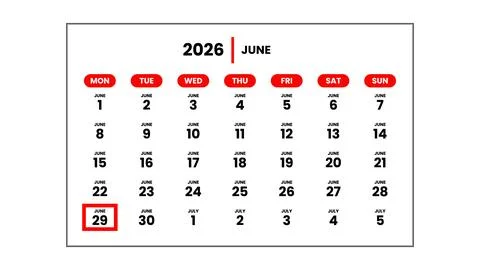 The date June 29th, 2026 Stock Illustration