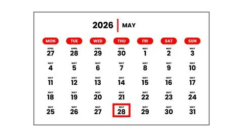 The date May 28th, 2026 Stock Illustration