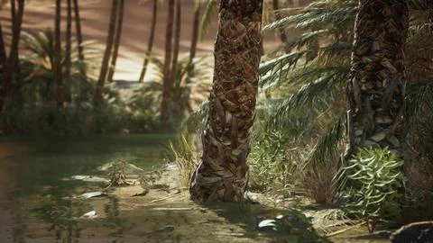 Date palm trees plantation at sunset Stock Illustration