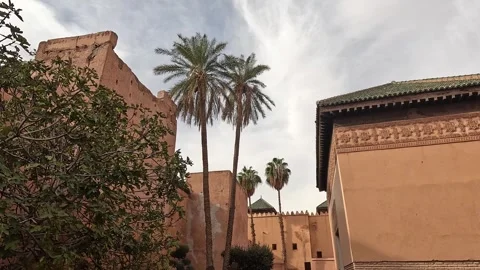 Date palms between pise walls and the carved green-roofed mausoleum, Saadian Stock Footage 344535441