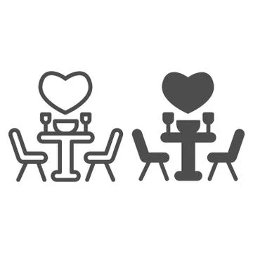 Date at a restaurant line and solid icon, valentine day concept, set table with 库存插图