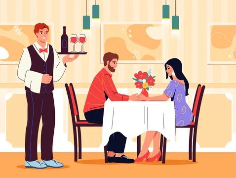 Date in restaurant. Waiter with wine near woman and man. Romantic meeting, love Stock-Illustration