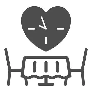 Date, romantic dinner, table for two, heart, clock solid icon, dating concept Illustrazione stock