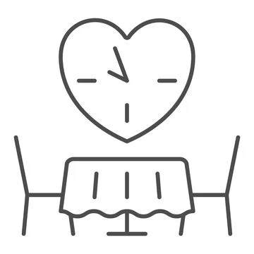 Date, romantic dinner, table for two, heart, clock thin line icon, dating Illustrazione stock