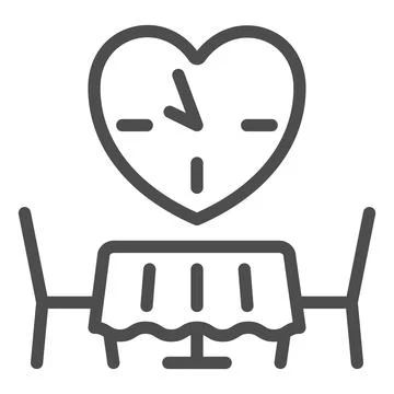Date, romantic dinner, table for two, heart, clock line icon, dating concept Illustrazione stock
