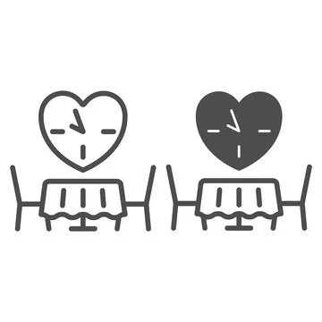 Date, romantic dinner, table for two, heart, clock line and solid icon, dating Illustrazione stock