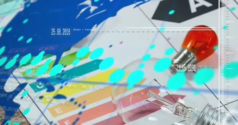 Date stamp appearing triggers blue splash sweeping across energy chart and bulbs Stock Footage 328684363