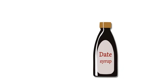 Date syrup in a glass bottle falls to the surface, and date fruit emerges from Video stock 239483329