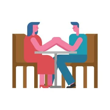 Date at table hold hands. rendezvous in cafe. Man and woman. Love couple Ilustração Stock