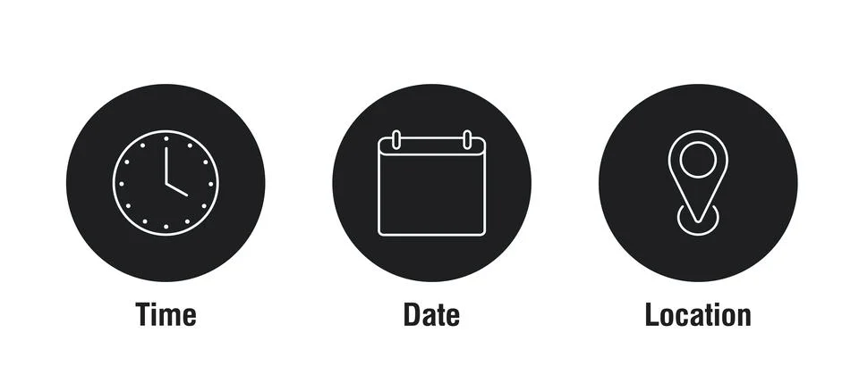Date, time, location icon in flat style. Event message vector illustration on Stock Illustration