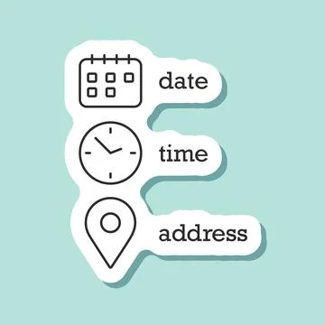 Date, time, location sticker icon in flat style. Event message vector illus.. Stock Illustration