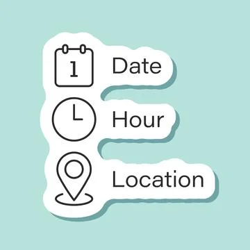 Date, time, location sticker icon in flat style. Event message vector illus.. Stock Illustration
