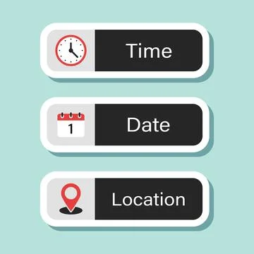 Date, time, location sticker icon in flat style. Event message vector illus.. Stock Illustration