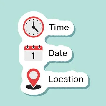 Date, time, location sticker icon in flat style. Event message vector illus.. Stock Illustration