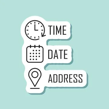 Date, time, location sticker icon in flat style. Event message vector illus.. Stock Illustration