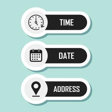 Date, time, location sticker icon in flat style. Event message vector illus.. Stock Illustration