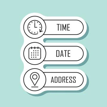 Date, time, location sticker icon in flat style. Event message vector illus.. Stock Illustration