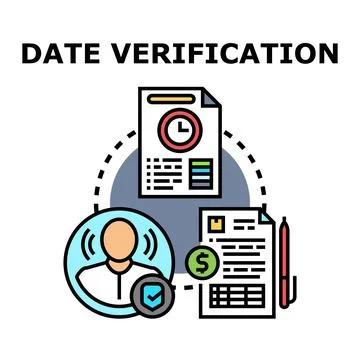 Date verification process validating time and financial data Illustrazione stock