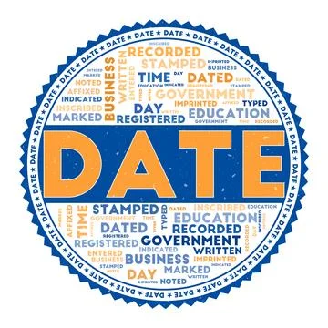 DATE word image. Date concept with word clouds and round text. Nice colors .. Stock Photos
