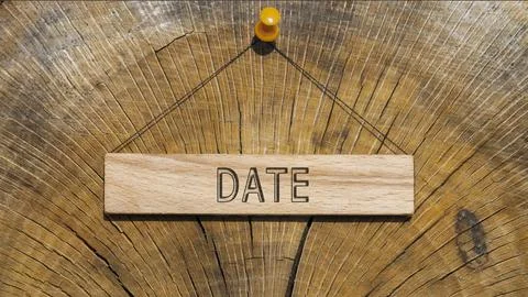 Date word. Written on wooden rectangular frame surface. Background log surfac Foto stock