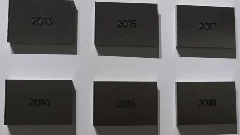 Dates from 2011 to 2024 boxes storage in the wall panning shot Vídeos de archivo 287440903