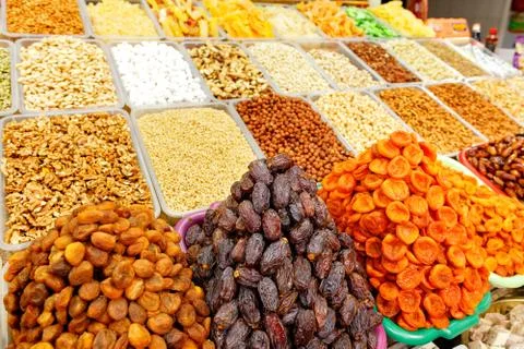 Dates, dried apricots, almonds, hazelnuts, walnuts, cashews are sold in the m Stock Photos