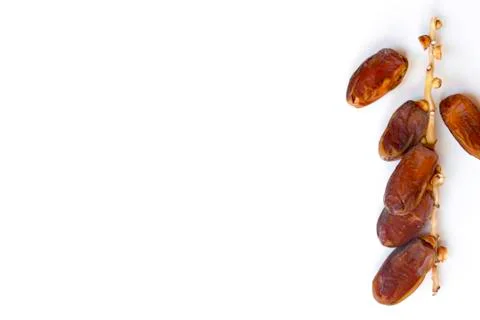 Dates fruit isolated on a white background. Top view. Flat lay pattern. 스톡 사진