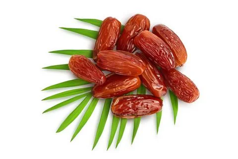 Dates isolated on white background with clipping path. Top view. Flat lay Stock Photos
