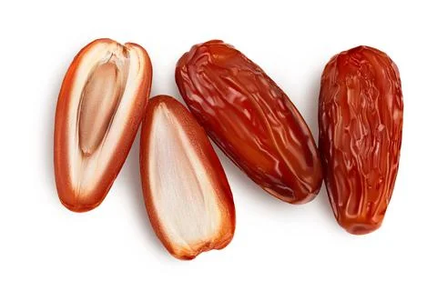 Dates isolated on white background with clipping path. Top view. Flat lay Foto stock