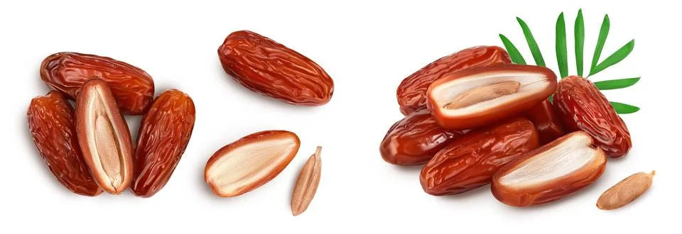 Dates isolated on white background . Top view. Flat lay Stock Photos