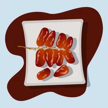 Dates palm fruit with stalk on the plate vector illustration. Breaking the .. Stock Illustration