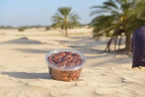 Dates in Plastic Container on Desert Sand Stock Photos