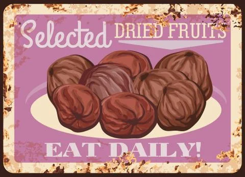Dates rusty metal plate, vector dried fruits card Stock Illustration