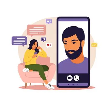 Dating app, application or chat concept. Woman are sitting with big smartphon Stock Illustration