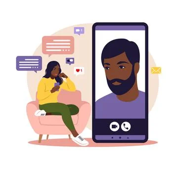 Dating app, application or chat concept. African woman are sitting with big s Stock Illustration