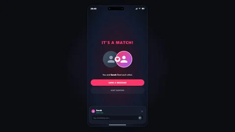 Dating app match animation showing user profiles and messaging. 4K Stock Footage 345495188