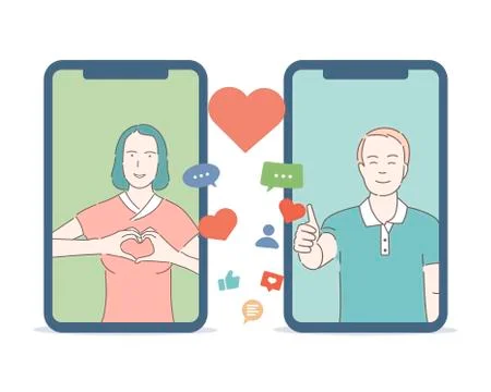 Dating application vector cartoon outline concept. Young happy man and woman Stock Illustration