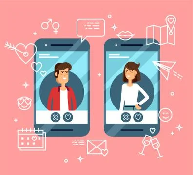 Dating applications concept. Cool vector illustration on online dating app users Stock Illustration