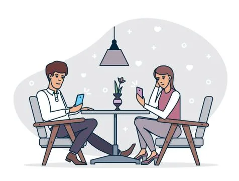 Dating couple browsing smartphones while having romantic dinner in cafe together Stock Illustration
