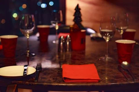 Dating at Night, Romantic Dinner Table Setting in a Restaurant decorated in C Stock Photos