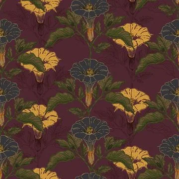 Datura flower seamless botanical pattern with vintage hand drawn floral illus Stock Illustration