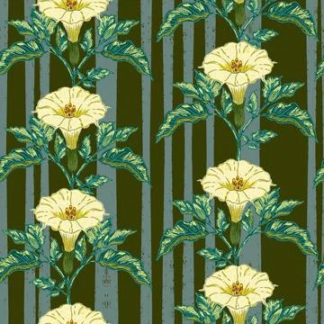 Datura flower seamless botanical pattern with vintage hand drawn floral illus Stock Illustration