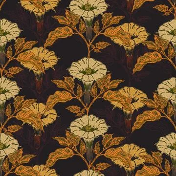 Datura flower seamless botanical pattern with vintage hand drawn floral illus イラスト素材