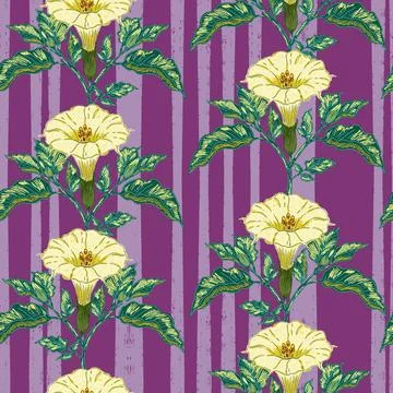 Datura flower seamless botanical pattern with vintage hand drawn floral illus Stock Illustration
