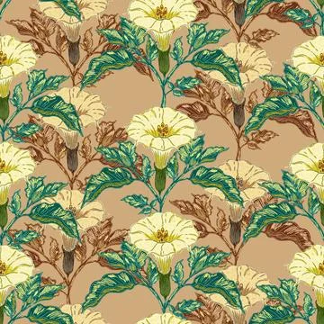 Datura flower seamless botanical pattern with vintage hand drawn floral illus Stock Illustration
