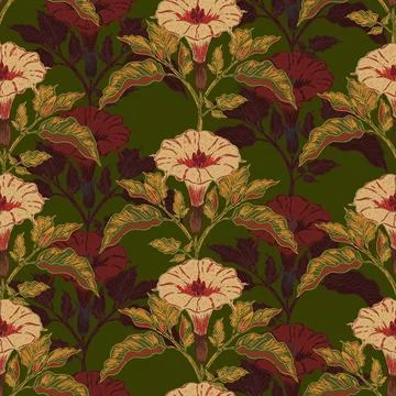 Datura flower seamless botanical pattern with vintage hand drawn floral illus Stock Illustration